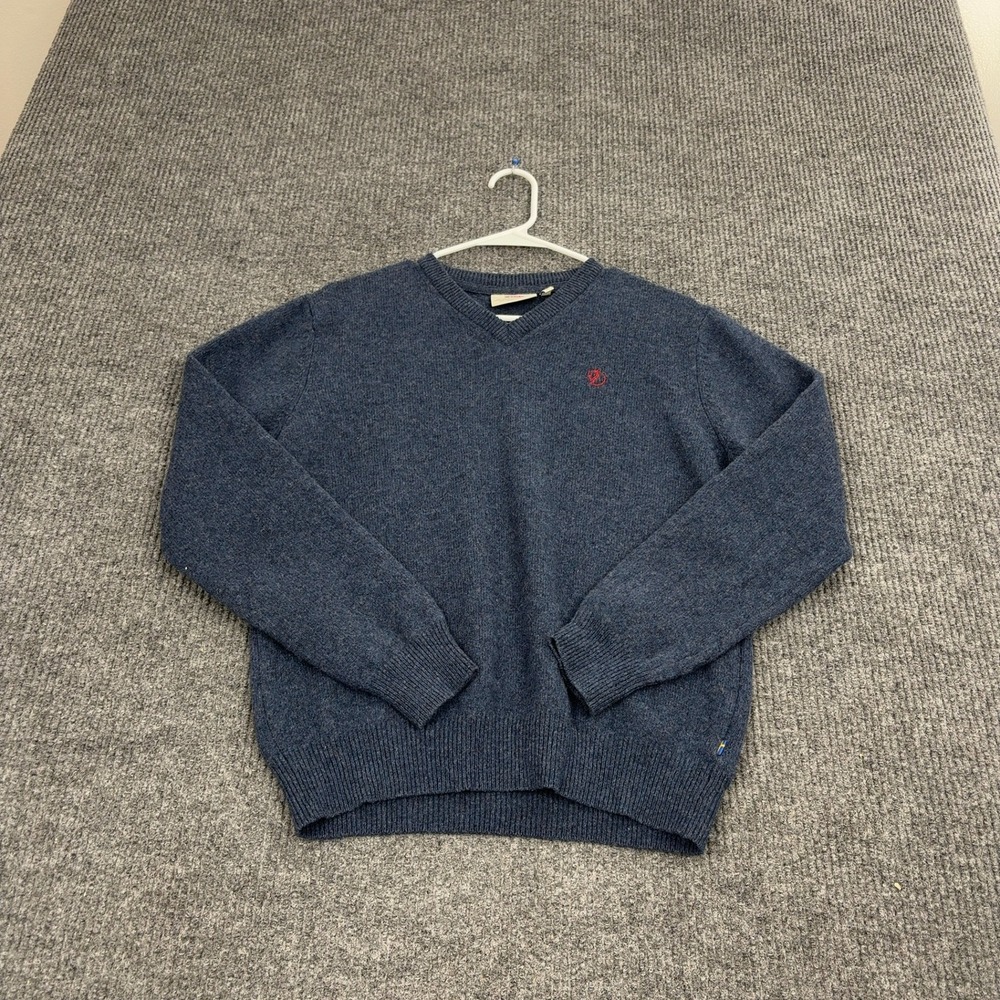 Fjallraven Sweater Mens S Blue V-Neck 100% Wool Logo Outdoor Gorpcore Classic